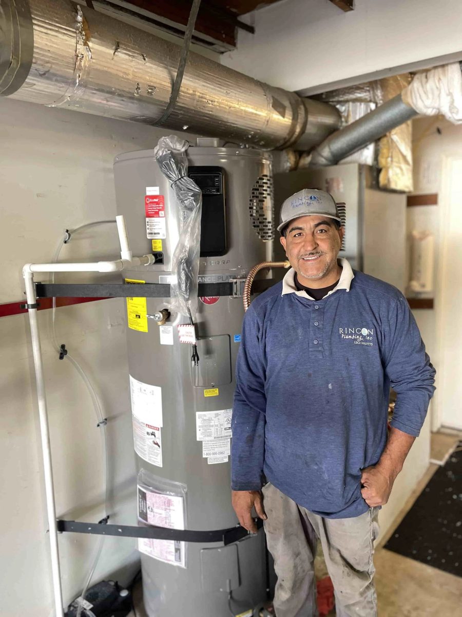 Heat pump water heater installed in a Goleta garage, from Rincon Plumbing own site